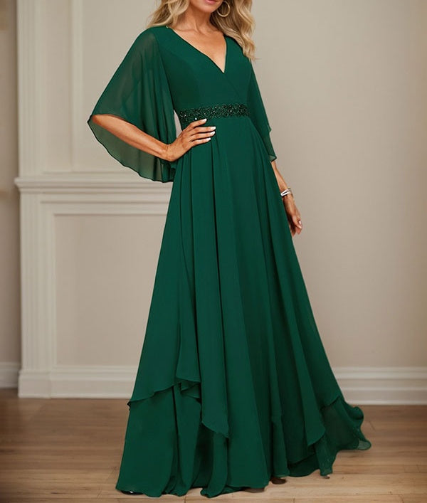 A-line V-Neck Floor-Length Chiffon Mother of the Bride Dress With Sequins Appliques Lace Beading
