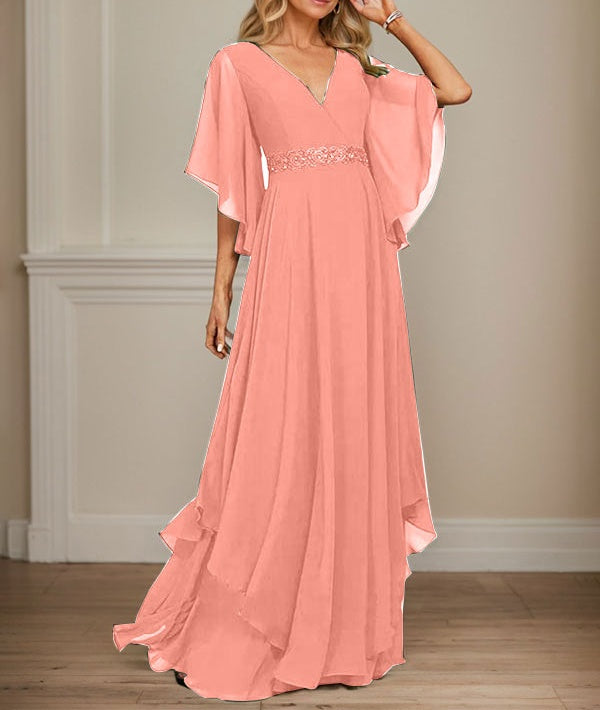 A-line V-Neck Floor-Length Chiffon Mother of the Bride Dress With Sequins Appliques Lace Beading