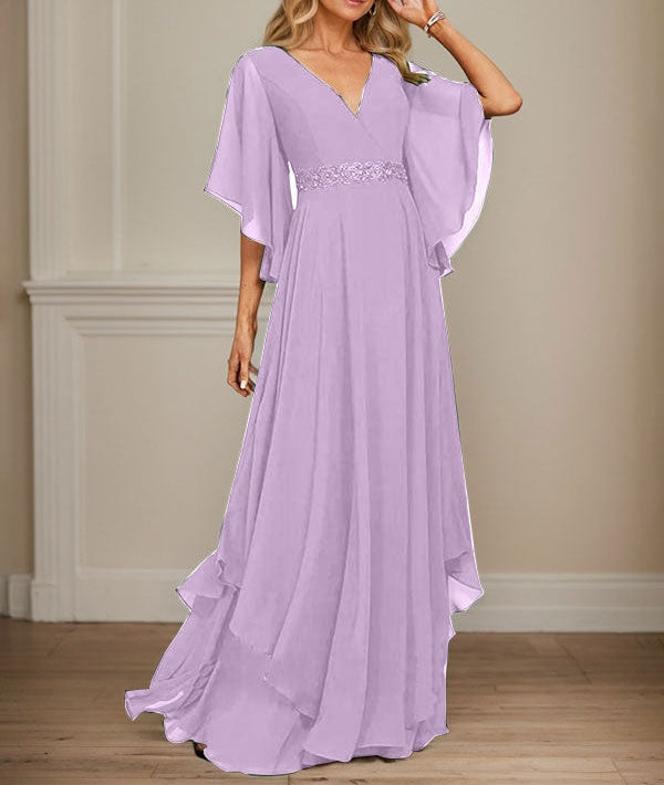 A-line V-Neck Floor-Length Chiffon Mother of the Bride Dress With Sequins Appliques Lace Beading