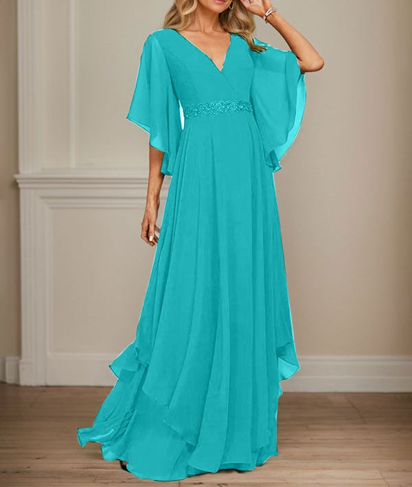 A-line V-Neck Floor-Length Chiffon Mother of the Bride Dress With Sequins Appliques Lace Beading