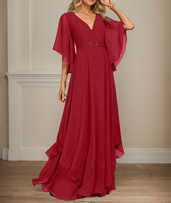 A-line V-Neck Floor-Length Chiffon Mother of the Bride Dress With Sequins Appliques Lace Beading