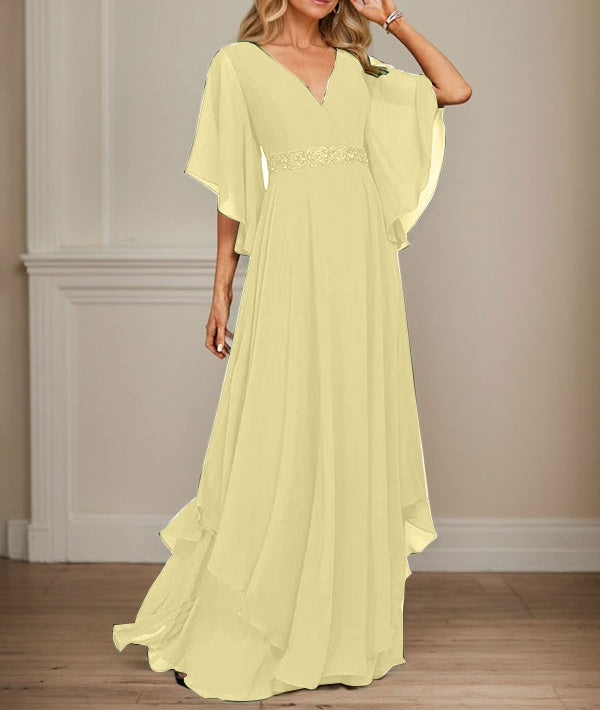 A-line V-Neck Floor-Length Chiffon Mother of the Bride Dress With Sequins Appliques Lace Beading