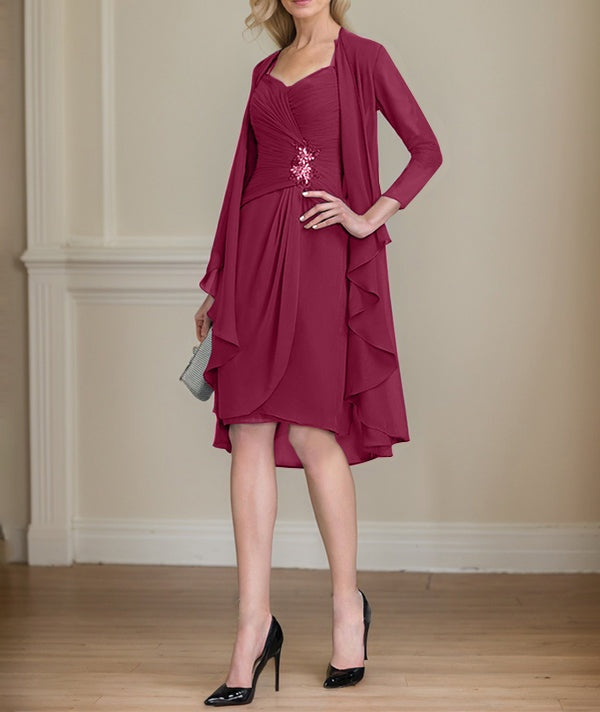 Sheath/Column Sweetheart Knee-Length Chiffon Mother of the Bride Dress With Beading Appliques Lace Sequins Pleated