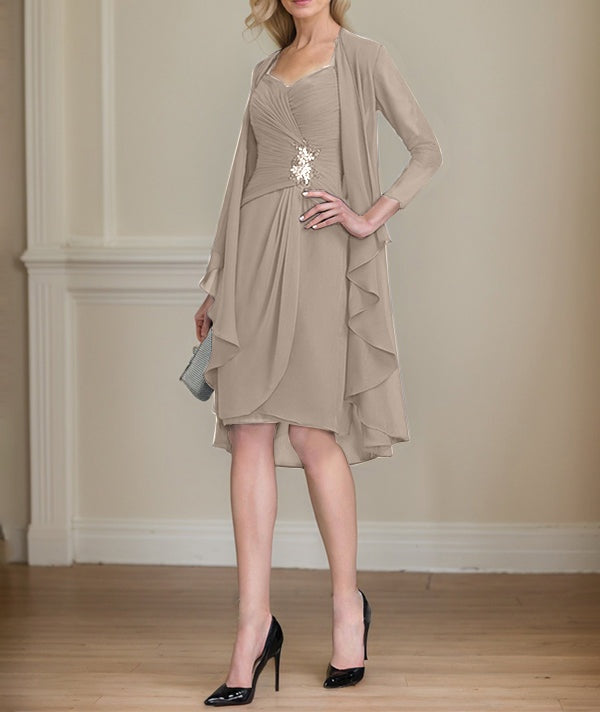 Sheath/Column Sweetheart Knee-Length Chiffon Mother of the Bride Dress With Beading Appliques Lace Sequins Pleated