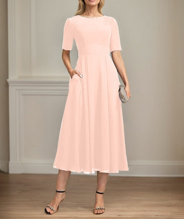A-line Scoop Tea-Length Chiffon Mother of the Bride Dress With Appliques Lace Sequins