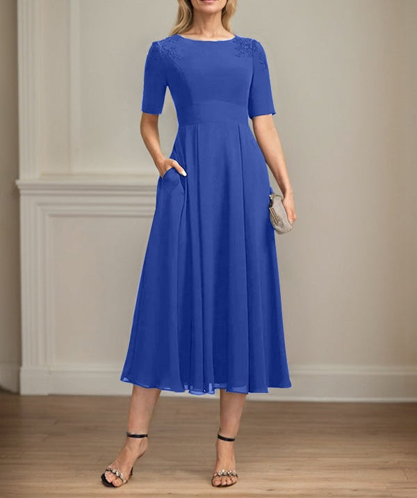 A-line Scoop Tea-Length Chiffon Mother of the Bride Dress With Appliques Lace Sequins