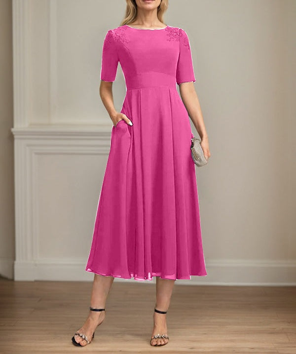 A-line Scoop Tea-Length Chiffon Mother of the Bride Dress With Appliques Lace Sequins