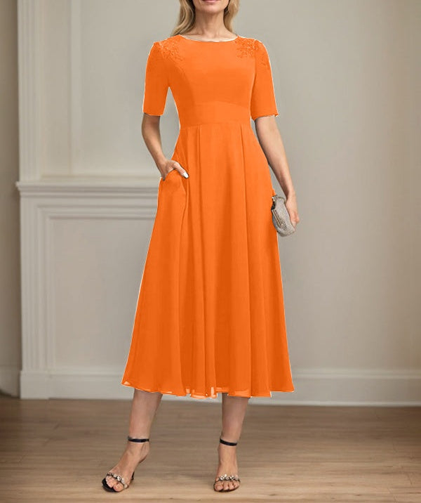A-line Scoop Tea-Length Chiffon Mother of the Bride Dress With Appliques Lace Sequins