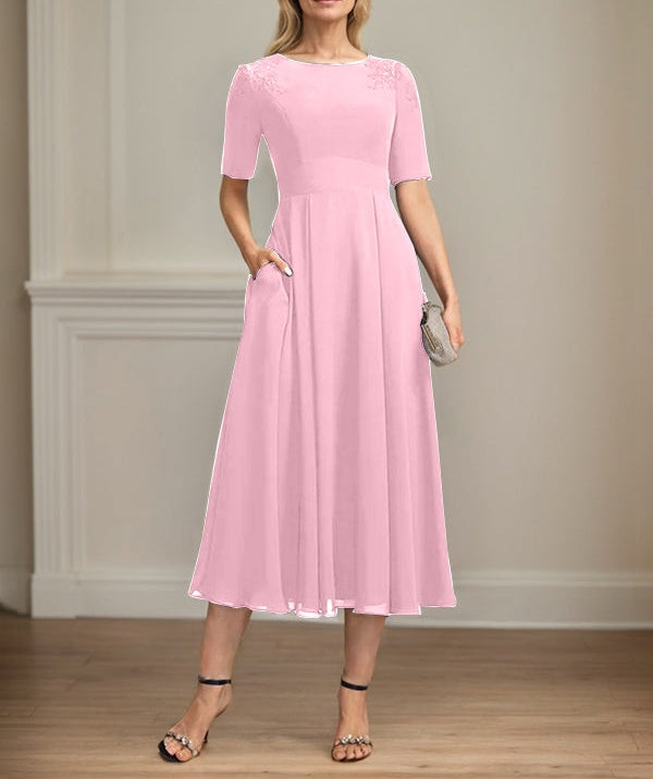 A-line Scoop Tea-Length Chiffon Mother of the Bride Dress With Appliques Lace Sequins