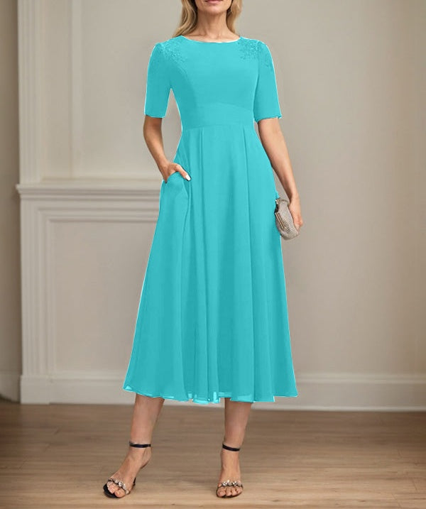 A-line Scoop Tea-Length Chiffon Mother of the Bride Dress With Appliques Lace Sequins
