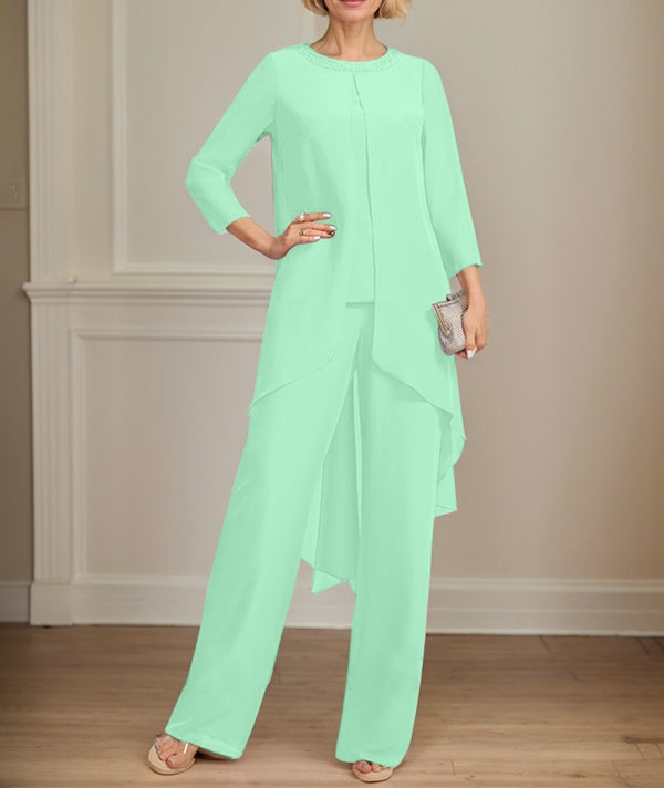 Separates Jumpsuit/Pantsuit Scoop Floor-Length Chiffon Mother of the Bride Dress With Sequins Beading