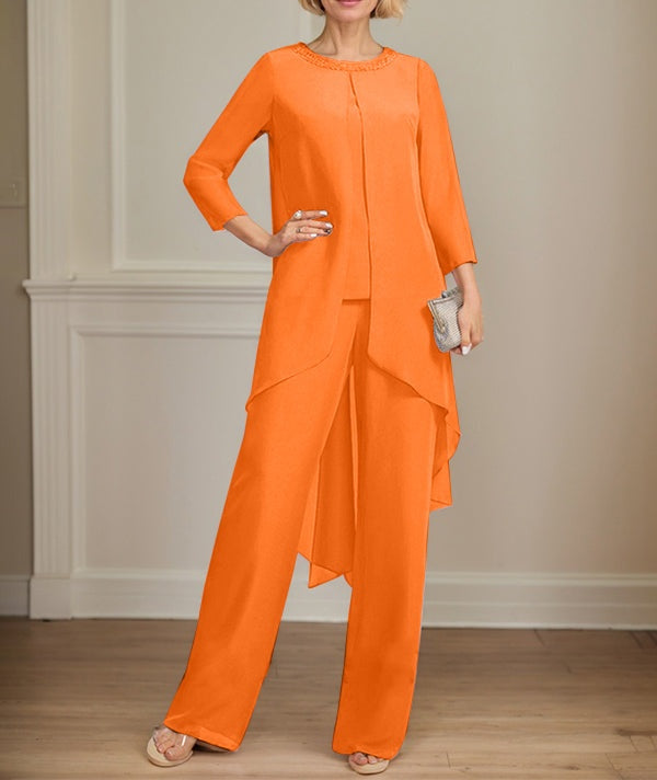 Separates Jumpsuit/Pantsuit Scoop Floor-Length Chiffon Mother of the Bride Dress With Sequins Beading