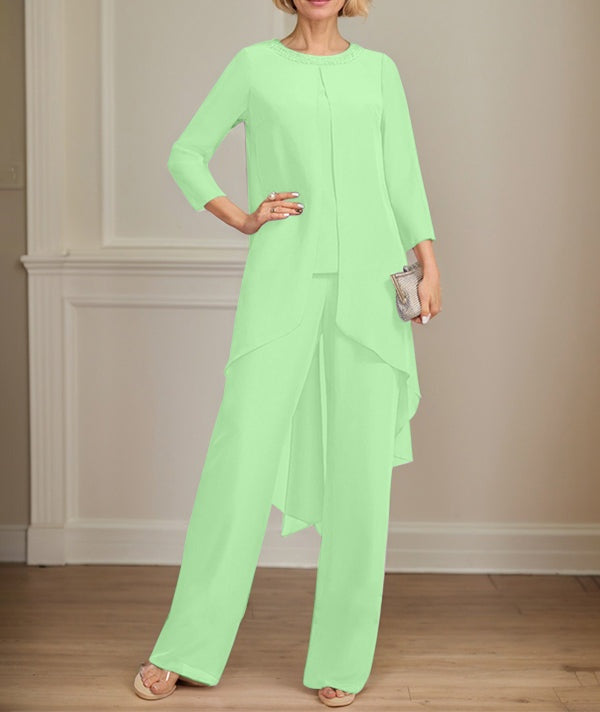Separates Jumpsuit/Pantsuit Scoop Floor-Length Chiffon Mother of the Bride Dress With Sequins Beading