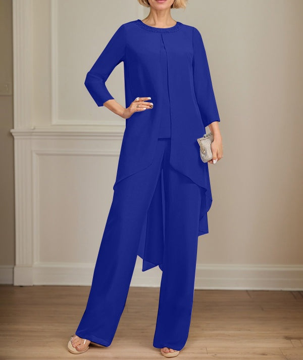 Separates Jumpsuit/Pantsuit Scoop Floor-Length Chiffon Mother of the Bride Dress With Sequins Beading