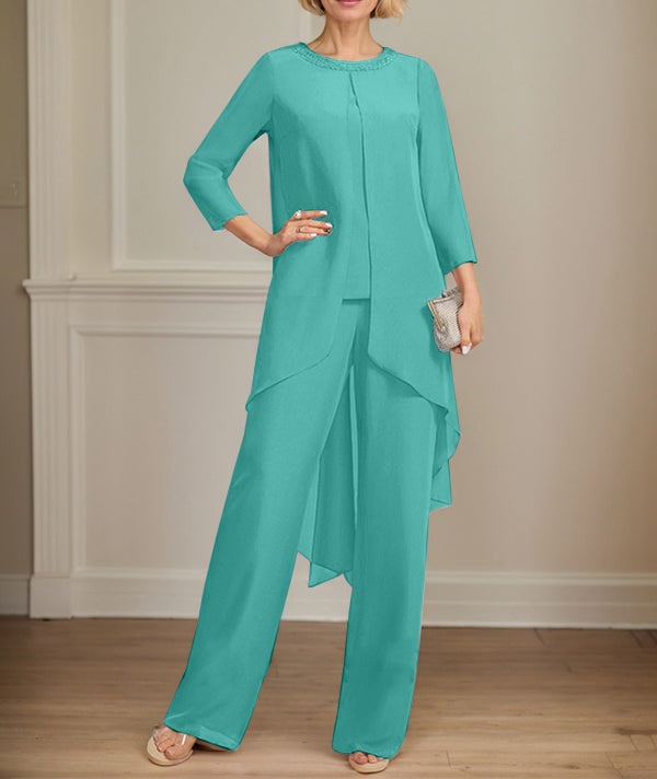 Separates Jumpsuit/Pantsuit Scoop Floor-Length Chiffon Mother of the Bride Dress With Sequins Beading
