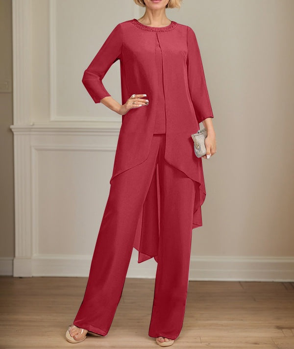 Separates Jumpsuit/Pantsuit Scoop Floor-Length Chiffon Mother of the Bride Dress With Sequins Beading