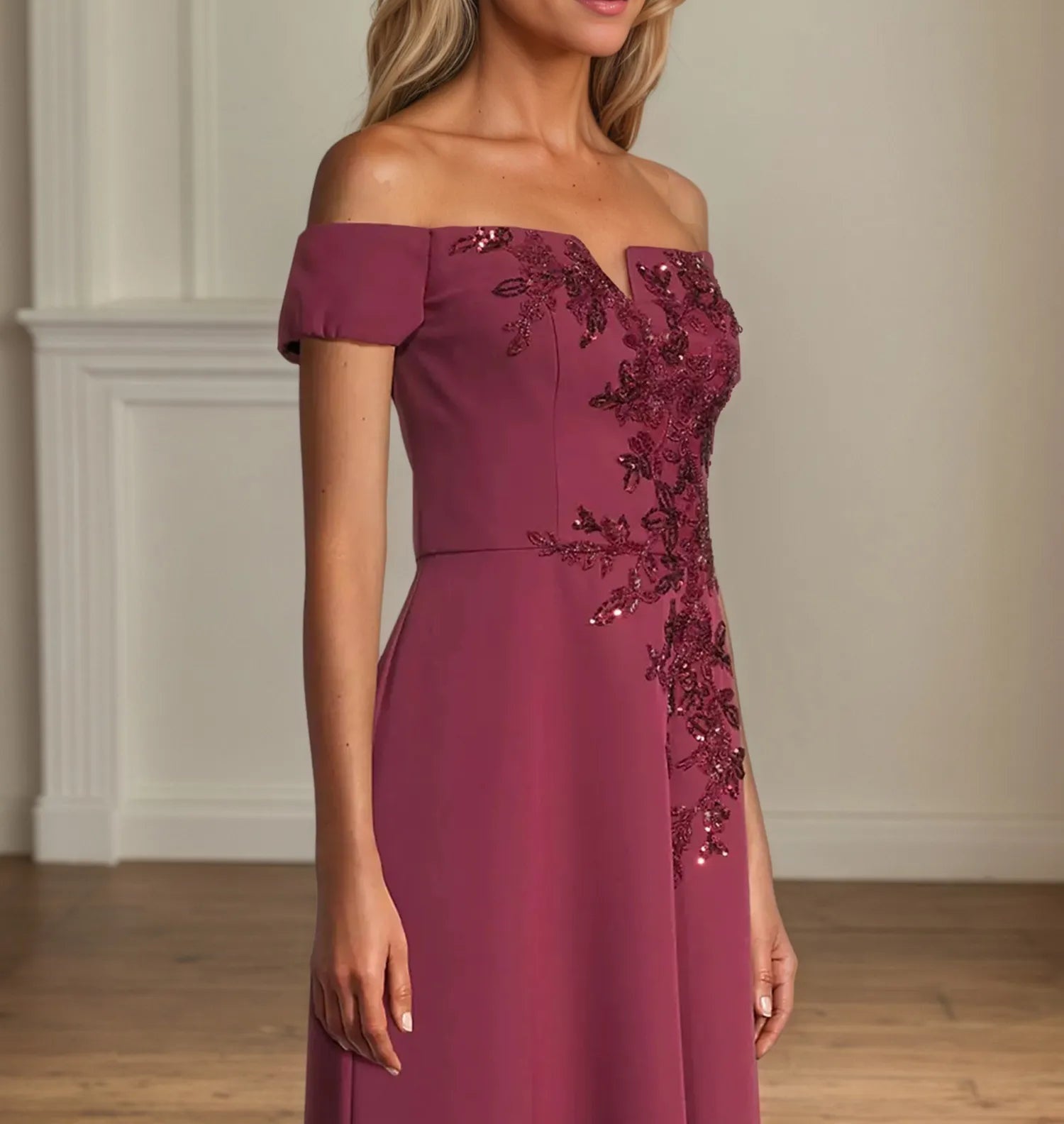 A Line Chiffon Off The Shoulder Appliques Floor Length Mother of the Bride Dress