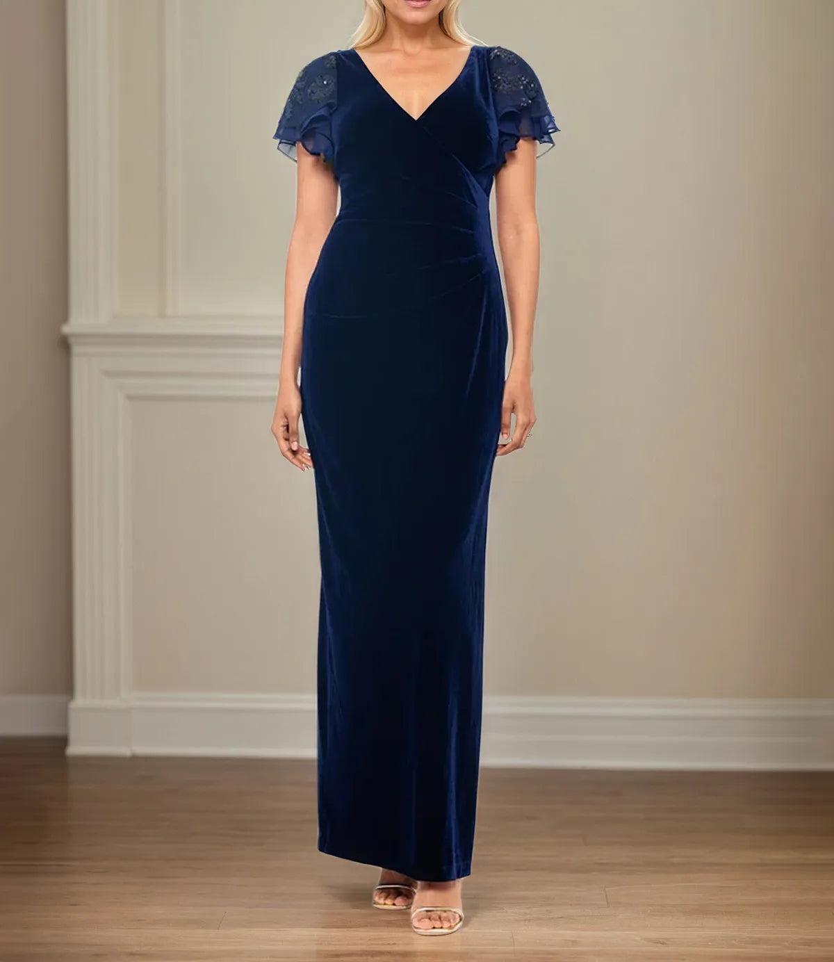 Sheath/Column Velvet V Neck Short Sleeve Floor Length Dress With Ruffles