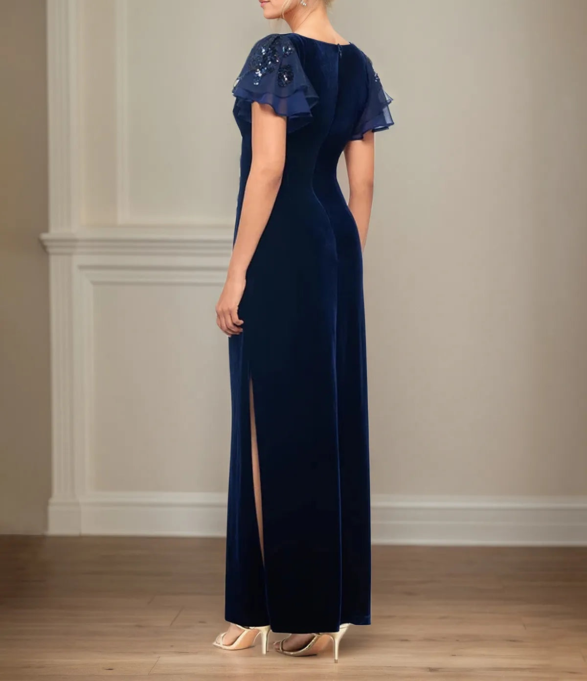 Sheath/Column Velvet V Neck Short Sleeve Floor Length Dress With Ruffles