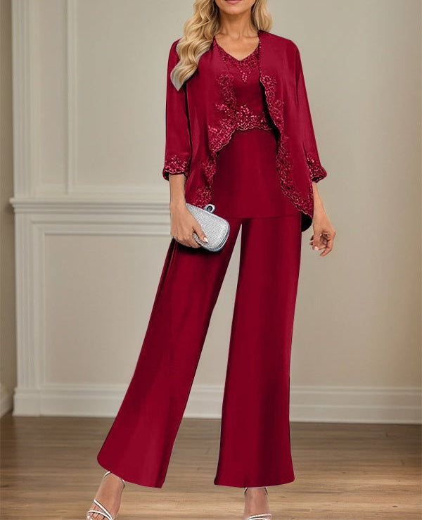 Elegant Simple Scoop Neck Floor Length Mother of the Bride Pantsuit Wedding Guest Dress