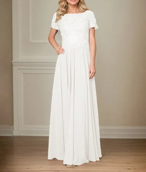 A Line Chiffon Boat Neck Short Sleeves Floor Length Pleated Mother of the Bride Dresses