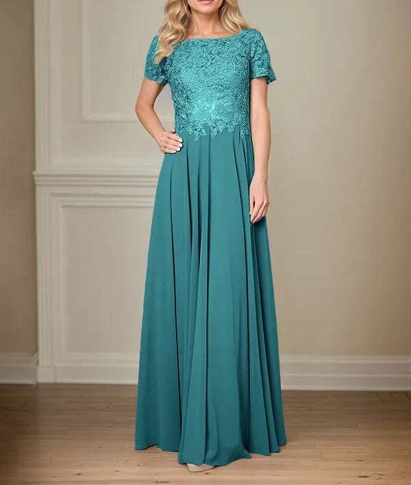 A Line Chiffon Boat Neck Short Sleeves Floor Length Pleated Mother of the Bride Dresses