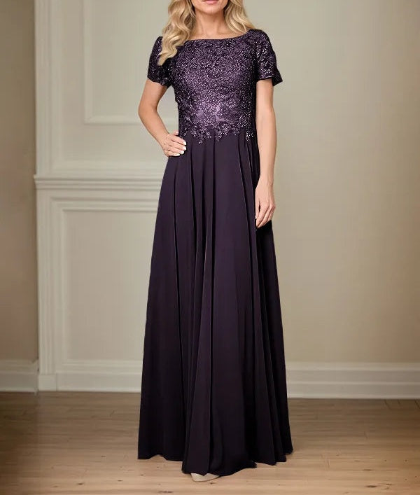 A Line Chiffon Boat Neck Short Sleeves Floor Length Pleated Mother of the Bride Dresses