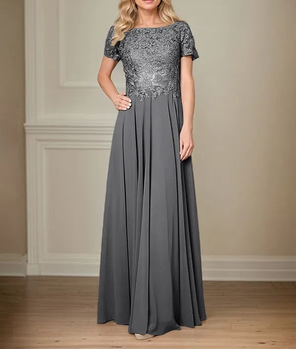 A Line Chiffon Boat Neck Short Sleeves Floor Length Pleated Mother of the Bride Dresses