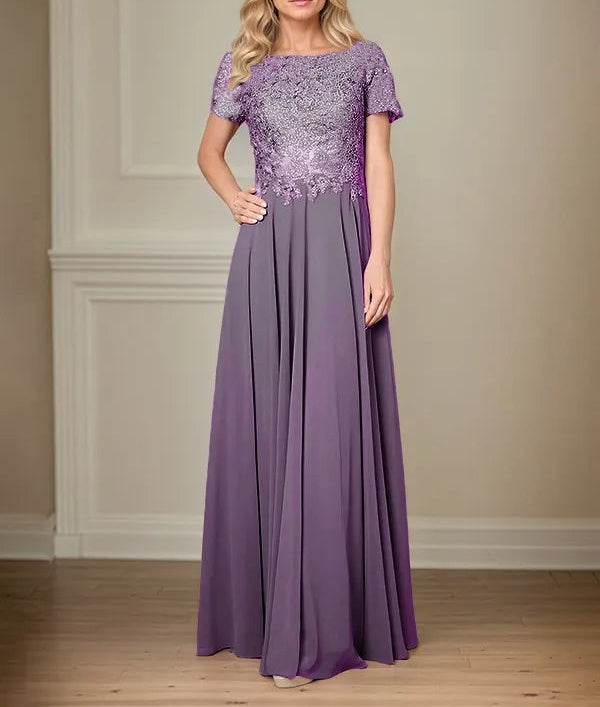 A Line Chiffon Boat Neck Short Sleeves Floor Length Pleated Mother of the Bride Dresses