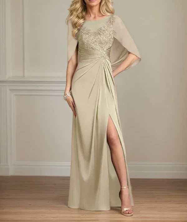 Sheath/Column Satin Scoop Neck Cap Sleeves Floor Length Mother Of The Bride Dresses