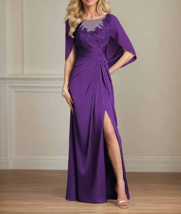 Sheath/Column Satin Scoop Neck Cap Sleeves Floor Length Mother Of The Bride Dresses