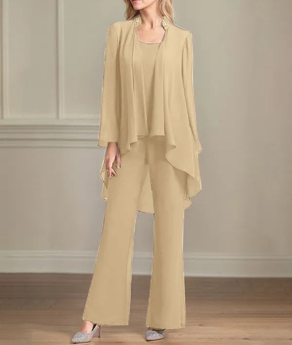 Chiffon Scoop Neck Long Sleeves Floor Length Mother Of The Bride Pantsuits