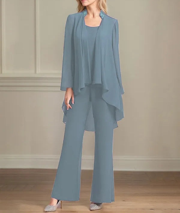 Chiffon Scoop Neck Long Sleeves Floor Length Mother Of The Bride Pantsuits