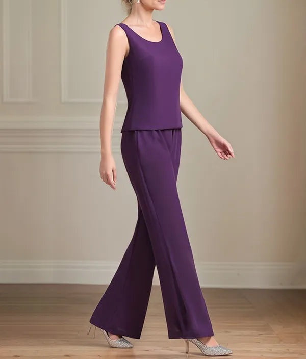 Chiffon Scoop Neck Long Sleeves Floor Length Mother Of The Bride Pantsuits