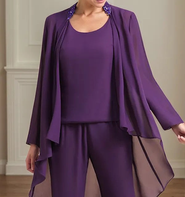 Chiffon Scoop Neck Long Sleeves Floor Length Mother Of The Bride Pantsuits
