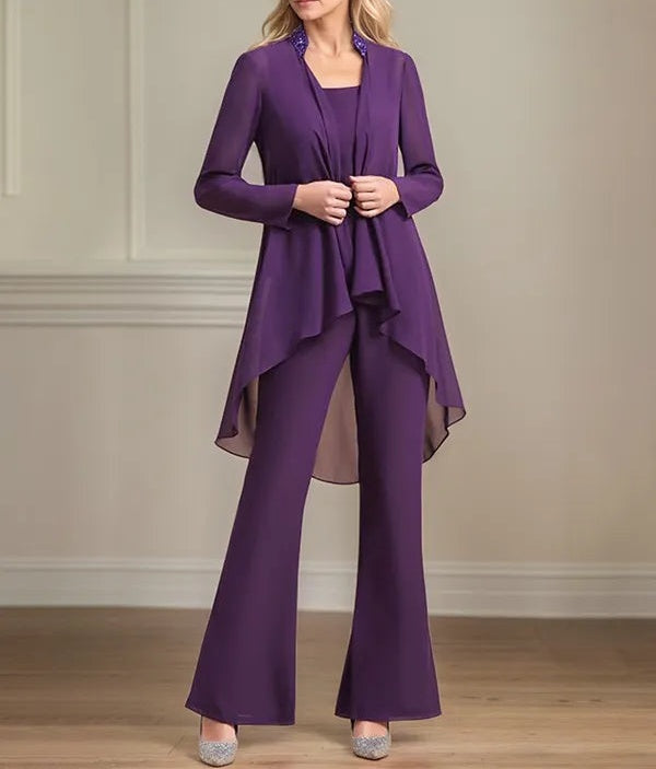 Chiffon Scoop Neck Long Sleeves Floor Length Mother Of The Bride Pantsuits