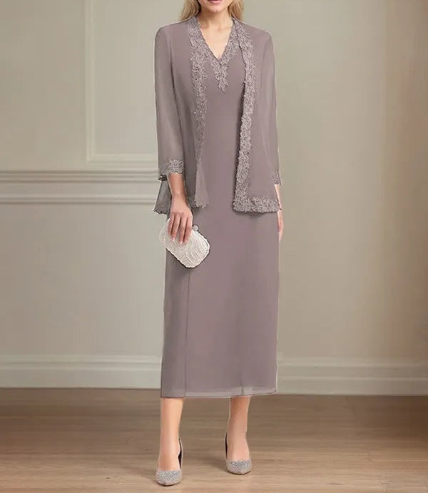 Sheath/Column Chiffon V Neck 3/4 Sleeves Tea Length Mother Of The Bride Dress