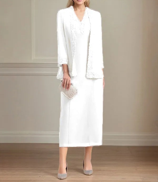 Sheath/Column Chiffon V Neck 3/4 Sleeves Tea Length Mother Of The Bride Dress