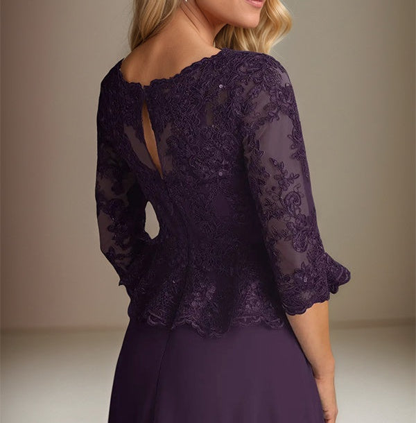 Plum A Line Chiffon Boat neck 3/4 Sleeves Floor Length Dress With Appliques
