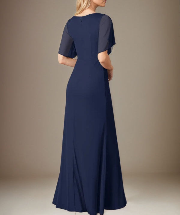 Dark Navy Sheath/Column Chiffon V Neck Floor Length Dress With Flutter Sleeves