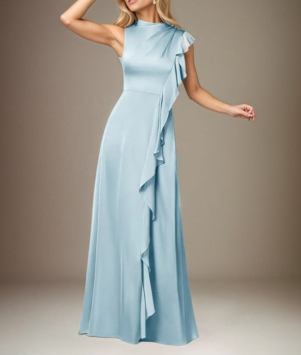Sky Blue A Line Satin High Neck Sleeveless Floor Length Dress
