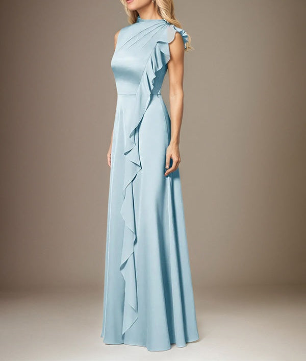 Sky Blue A Line Satin High Neck Sleeveless Floor Length Dress