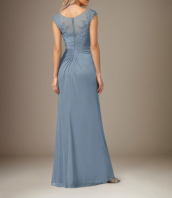 Dusty Blue Sheath/Column Chiffon Boat Neck Short Sleeves Floor Length Dress With Slit