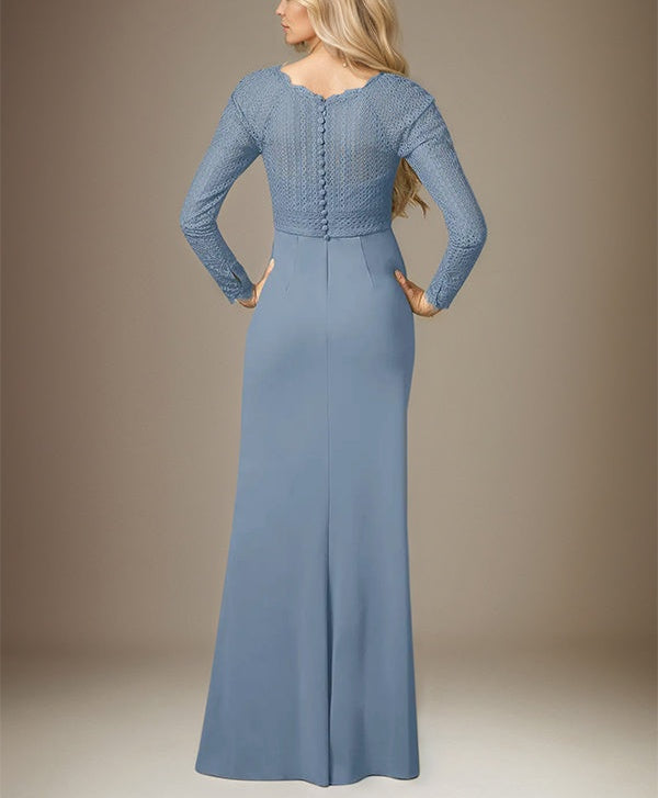 Dusty Blue Stretch Crepe Boat Neck Long Sleeves Floor Length Dress