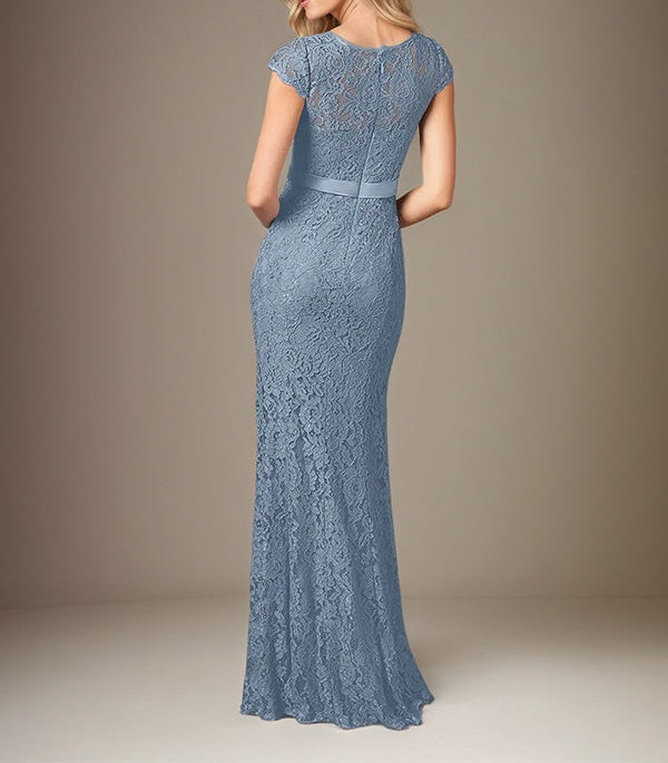 Dusty Blue Chiffon V-Neck Short Sleeves Floor Length Dress With Appliques