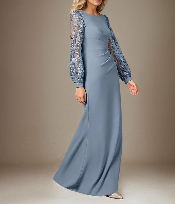 Dusty Blue Stretch Crepe Round Neck Long Sleeves Floor Length Dress With Appliques