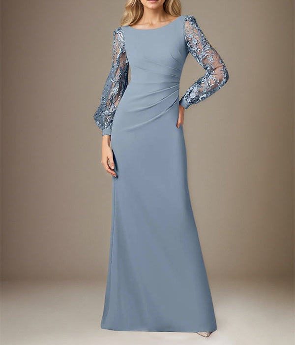 Dusty Blue Stretch Crepe Round Neck Long Sleeves Floor Length Dress With Appliques