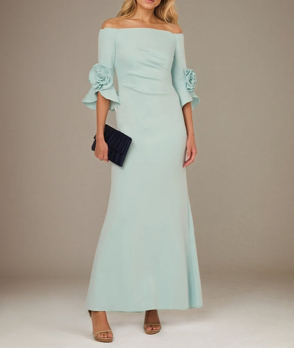 Mint Green A Line Stretch Crepe Off the Shoulder 1/2 Sleeves Ankle Length Dress With Rose