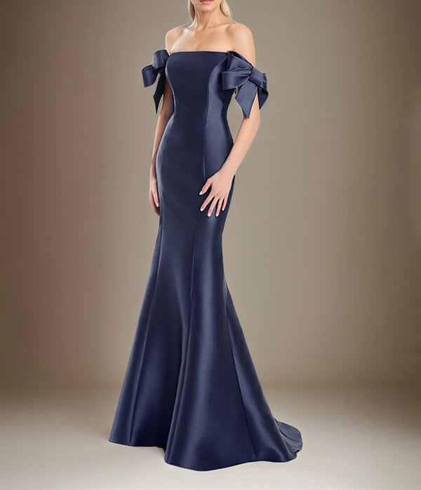 Trumpet/Mermaid Off The Shoulder Floor Length Satin Mother Of The Bride Dress With Bow Sleeves