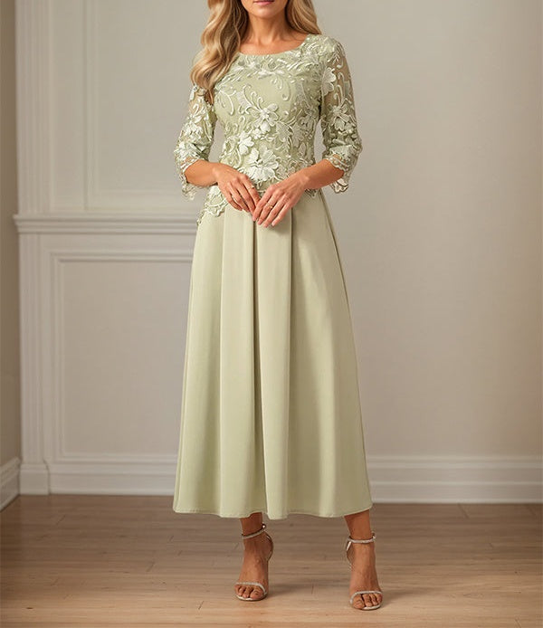 Crew Neck A Line Ruffle Ruched Lace Maxi Dress Mother Of The Bride Dress